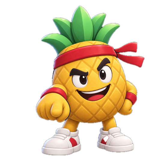 La mascotte WinPushUp, un ananas au bandeau rouge, poing en avant